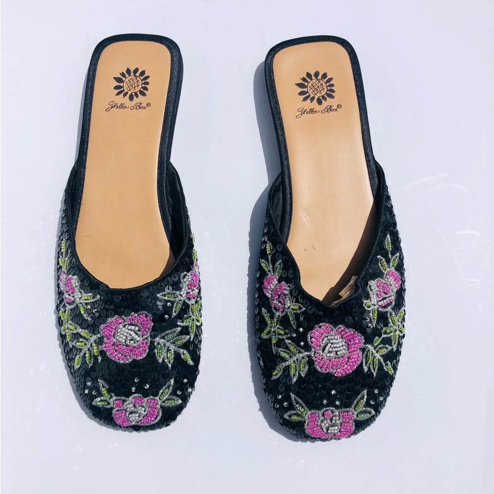 Yellow box Lunar black, pink and green with sequins and beads flat shoes Sz 8